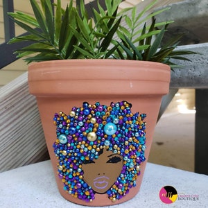 Pearl Rhinestone Bling Afro Lady, Big Hair, Plant Lady, Plant Mama, What the Fucculent, Terracotta Clay Plant Potter Planter #5