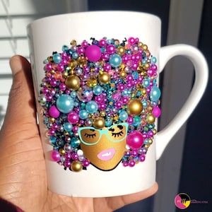 Pearl Rhinestone Bling Afro Lady, Big Hair, Natural Hair, Rhinestone Afro, Bling Teacher Educator Administrator Coffee Tea Drinking Mug #7