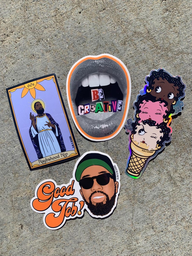 May include: Four colorful stickers with different designs. One sticker features a black and white illustration of a mouth with the word "BE CREATIVE" inside. Another sticker features a black man with a beard and the text "Neighborhood Nip" and "60s". A third sticker features a black and green illustration of a man with a beard wearing sunglasses and a green hat with the text "Good Job!" and a fourth sticker features a holographic illustration of three cartoon women with ice cream cones and the text "Glow & Decisions".