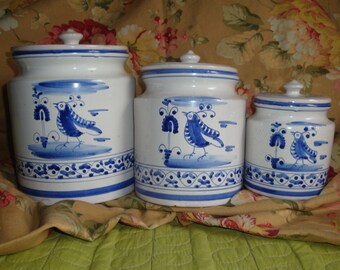 Handpainted Cobalt, Set of 3 Canisters, Blue Partridge Motif