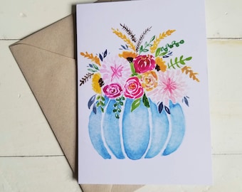 Watercolor Pumpkin Floral Cards/Thanksgiving Decor/Original Watercolor Cards/ Blank Greeting Cards