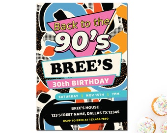 90's Party invitation, Retro Birthday Party ,90s Theme Birthday Party, Printable Invitation, Nineties Theme Invitation, Digital Files