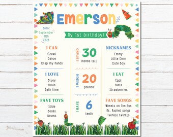 Letrero personalizado, póster de hito, póster de fiesta, letrero de cumpleaños imprimible, La oruga muy hambrienta, póster imprimible, diseño personalizado
