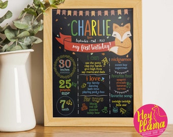 May include: A colorful chalkboard style printable poster with a fox illustration. The poster celebrates a child's first birthday with the name Charlie and details about their first year, including height, weight, teeth, favorite foods, and toys. The poster is framed in a light brown frame.