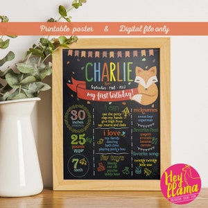 Little Fox a tema Chalk Board Primo Compleanno Poster, Fox A tema Compleanno Poster, Primo Compleanno Milestone Poster, Stampabile Compleanno Poster