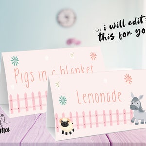 Cartes de nourriture, cartes de tente, barnyard, décoration d’anniversaire de ferme, étiquettes de faveur, fête d’anniversaire de thème de barnyard, anniversaire floral de ferme, étiquettes de nourriture, tag