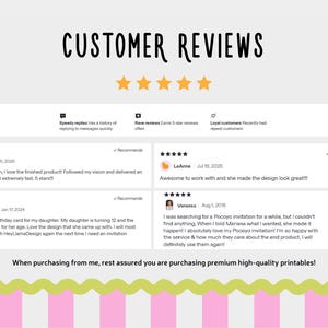 May include: A light background with the words "CUSTOMER REVIEWS" in a handwritten font, with four gold stars. Below are customer reviews with star ratings and comments. The bottom of the image reads: "When purchasing from me, rest assured you are purchasing premium high-quality printables!"