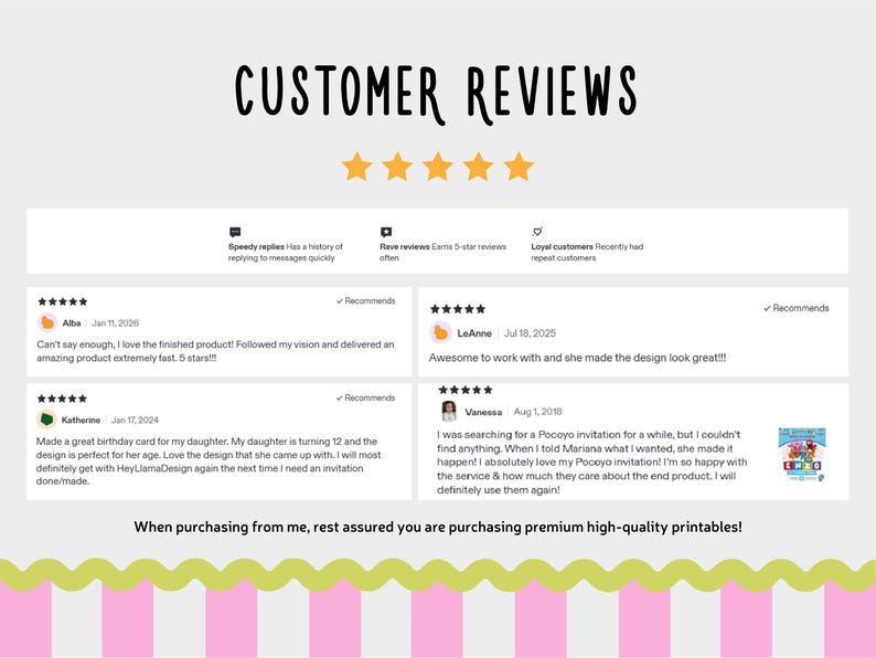 May include: A light background with the words "CUSTOMER REVIEWS" in a handwritten font, with four gold stars. Below are customer reviews with star ratings and comments. The bottom of the image reads: "When purchasing from me, rest assured you are purchasing premium high-quality printables!"
