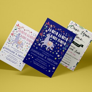 May include: Three baby shower invitations with a llama theme. The invitations feature the text "Llama Llama Baby Mama" and include details for Caroline and Hector's baby shower. The invitations are in white, blue, and floral designs.