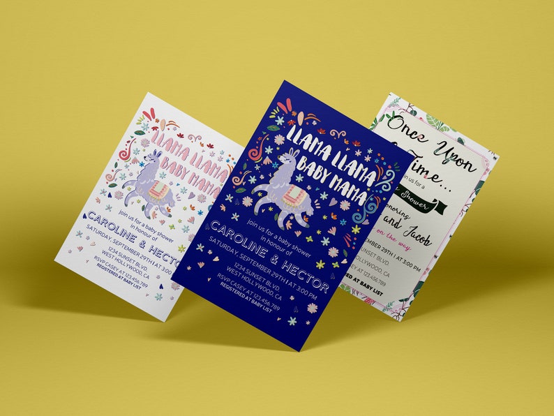 May include: Three baby shower invitations with a llama theme. The invitations feature the text "Llama Llama Baby Mama" and include details for Caroline and Hector's baby shower. The invitations are in white, blue, and floral designs.