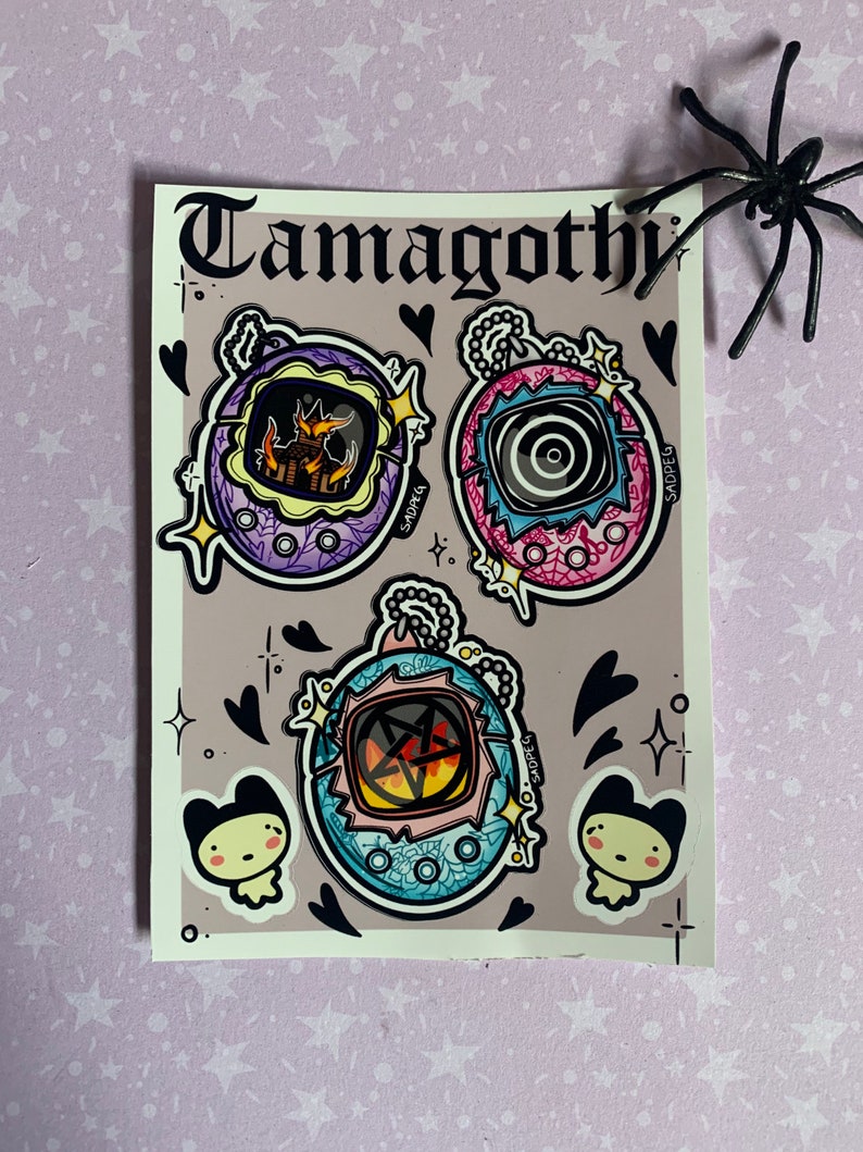 tamagotchi inspired 90s aesthetic nostalgia sticker sheet Tamagothi Sticker sheet Pentagram Pastel goth yami kawaii goth stickers