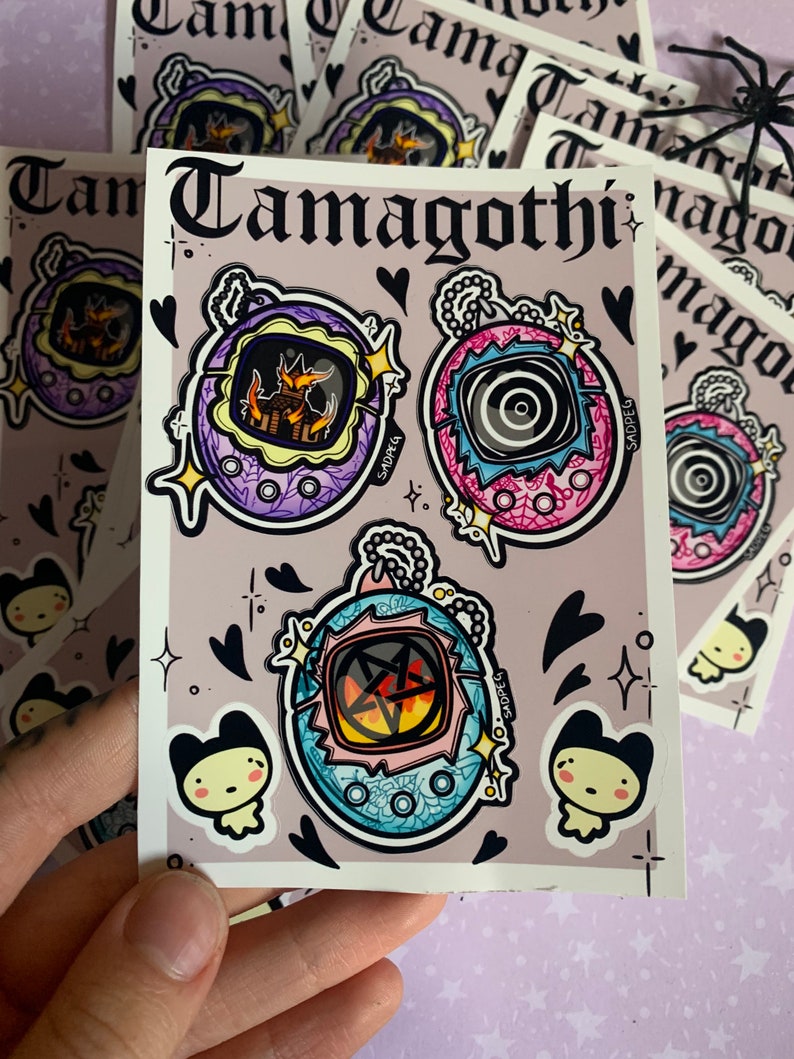 tamagotchi inspired 90s aesthetic nostalgia sticker sheet Tamagothi Sticker sheet Pentagram Pastel goth yami kawaii goth stickers