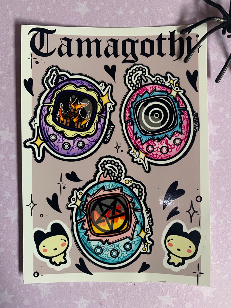 tamagotchi inspired 90s aesthetic nostalgia sticker sheet Tamagothi Sticker sheet Pentagram Pastel goth yami kawaii goth stickers