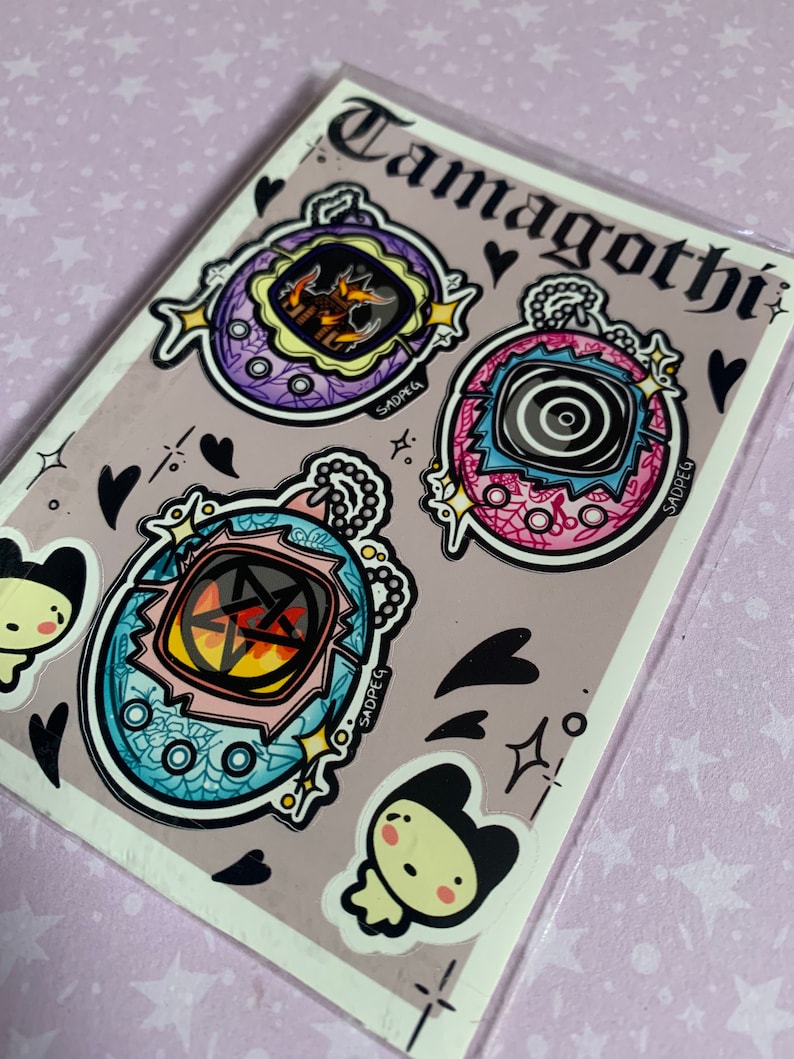 tamagotchi inspired 90s aesthetic nostalgia sticker sheet Tamagothi Sticker sheet Pentagram Pastel goth yami kawaii goth stickers