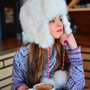 Warm Winter Hat White Alpaca Hat Gift for Her Furry Beanie White Fluffy Bomber Hat Costume Winter Hat for Hockey Game Womens Hat for Winter