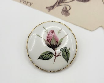 Vintage Hand Painted Rose Porcelain Brooch/painted porcelain/porcelain jewelry/costume jewelry/rose jewelry/hand painted/round brooch/circle