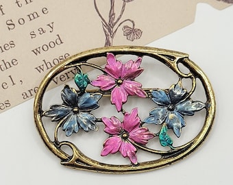 Beautiful Vintage Enameled Watercolor Floral Brooch/brooch/vintage jewelry/costume jewelry/enamel/floral/flowers/watercolor/pink/gold brooch