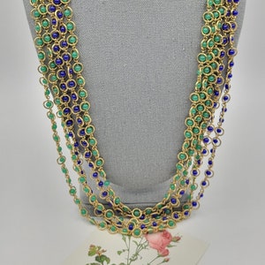 Lovely Vintage Goldtone Blue and Green 5 Strand Chain Necklace/gold/gold necklace/beaded/mid century modern/chain/box clasp/blue/green