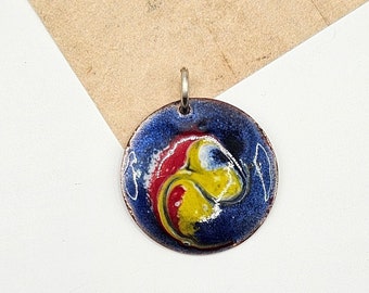 Vintage Enamel on Copper Meab Ireland Pendant/vintage pendant/enamel on copper/enamel pendant/maeb/ireland/round/blue/yellow/red/copper