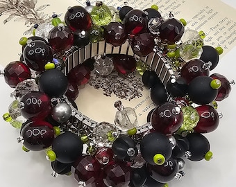Preciosa pulsera Cha Cha expandible vintage gruesa de los años 50/vintage/pulsera/Cha Cha/con cuentas/vidrio/acrílico/años 50/mediados de siglo/roja/verde