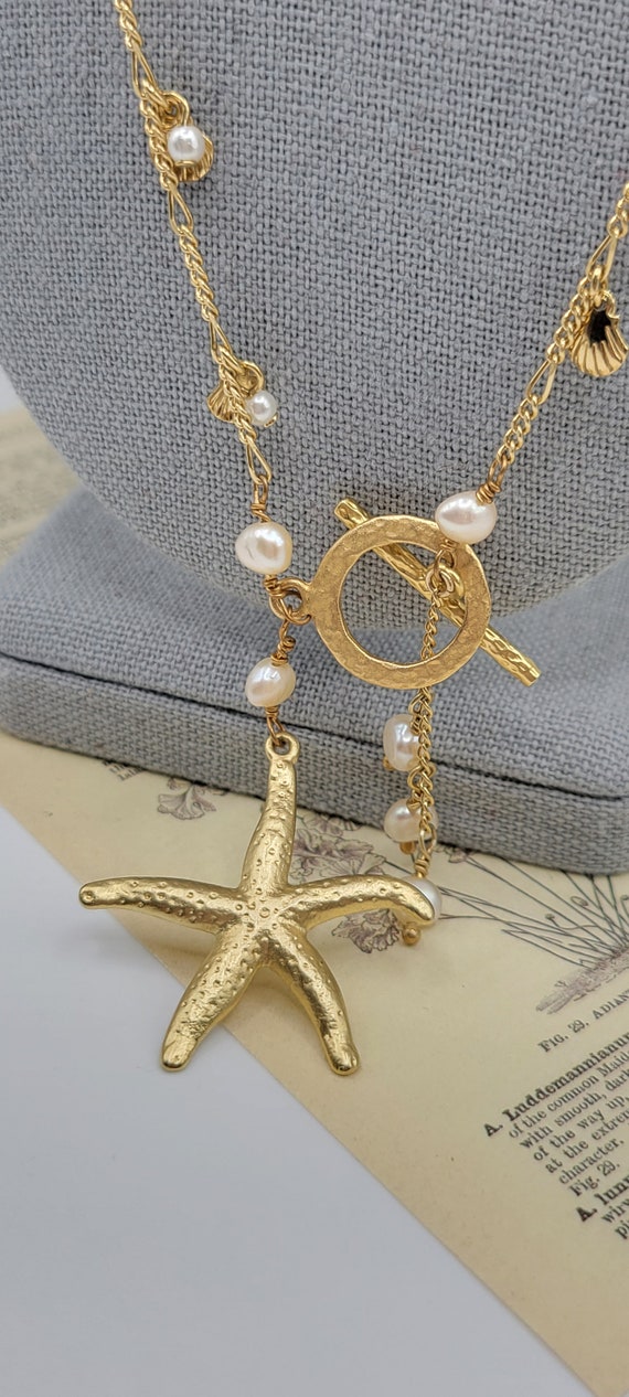 Gorgeous Goldtone Shell Star Fish Freshwater Pear… - image 3