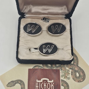 Vintage Silvertone W Initial Hickok Cufflink and Tie Bar Set in Box/silver cuff links/men&#39;s accessories/men&#39;s jewelry/cufflinks/tie bar
