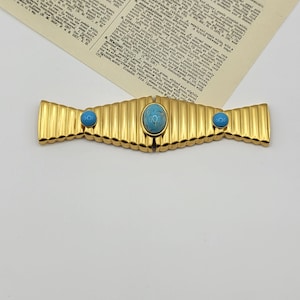 Beautiful Vintage Matte Goldtone Geometric Brooch with Blue Glass Cabochons/jewelry/brooch/vintage jewelry/goldtone/gold brooch/blue/1980&#39;s