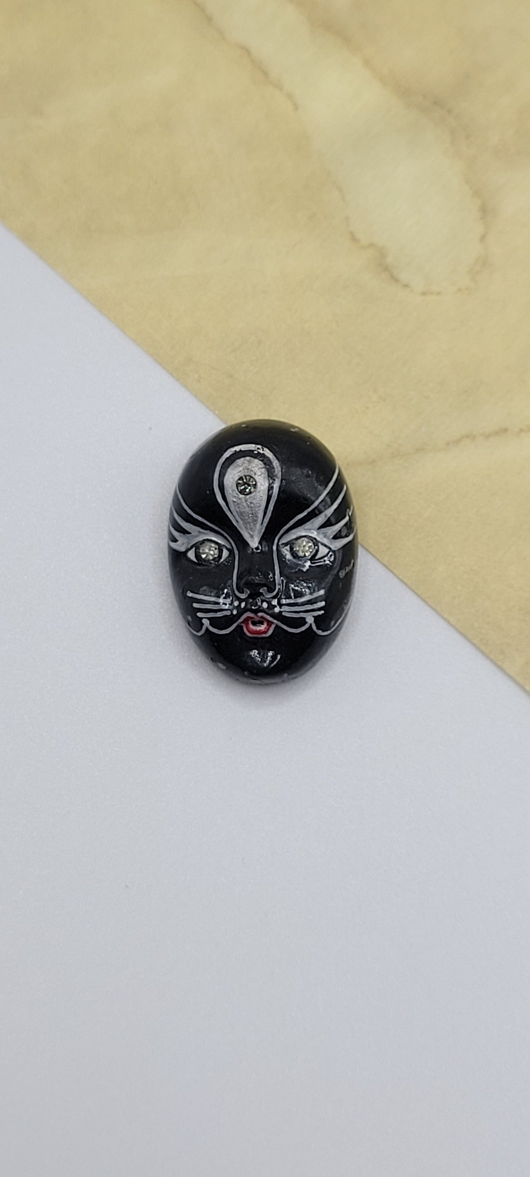 Small 1980's Black Porcelain Cat Mask Pin Brooch With Rhinestone Eyes