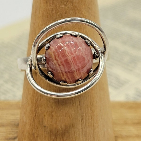 Gorgeous Vintage Modern Minimalist Rhodochrosite 835 Silver Ring Size 9/unisex/ring/rhodochrosite/pink/gemstone/mid century modern/sterling