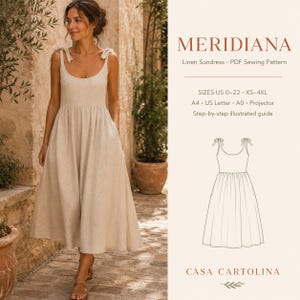 Schnittmuster für ein Leinen-Sommerkleid, Midikleid mit Bindebändern und Taschen, US-Größen 0-22 (PDF), Meridiana