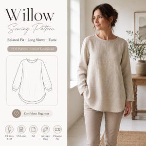 Op de afbeelding: Willow naaipatroon voor een tuniek met lange mouwen en een relaxte pasvorm. Het digitale bestand bevat een lijntekening van het kledingstuk, een PDF-patroon en directe download. US-maten 0-22, geschikt voor A4, A0 en projectorbestanden.