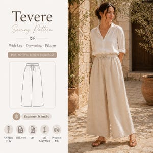Wide Leg Linen Pants Sewing Pattern, US Sizes 0-22 Nested, Easy Drawstring Palazzo Pants PDF, Beginner Friendly, European Summer Style