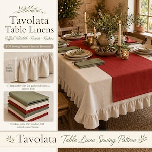 May include: A beige ruffled tablecloth with a 4-inch ruffle depth, a red table runner, and stacked green, beige, and red napkins. The image displays a sewing pattern for Tavolata Table Linens, featuring detailed views of the 4-inch ruffle and napkins with 1/2-inch double-fold mitred-corner hems.