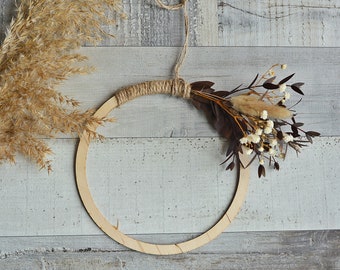 Vintage dried flowers wreath earthy minimalist wall hanging with preserved eucalyptus fall wooden boho wall decor autumn floral garland