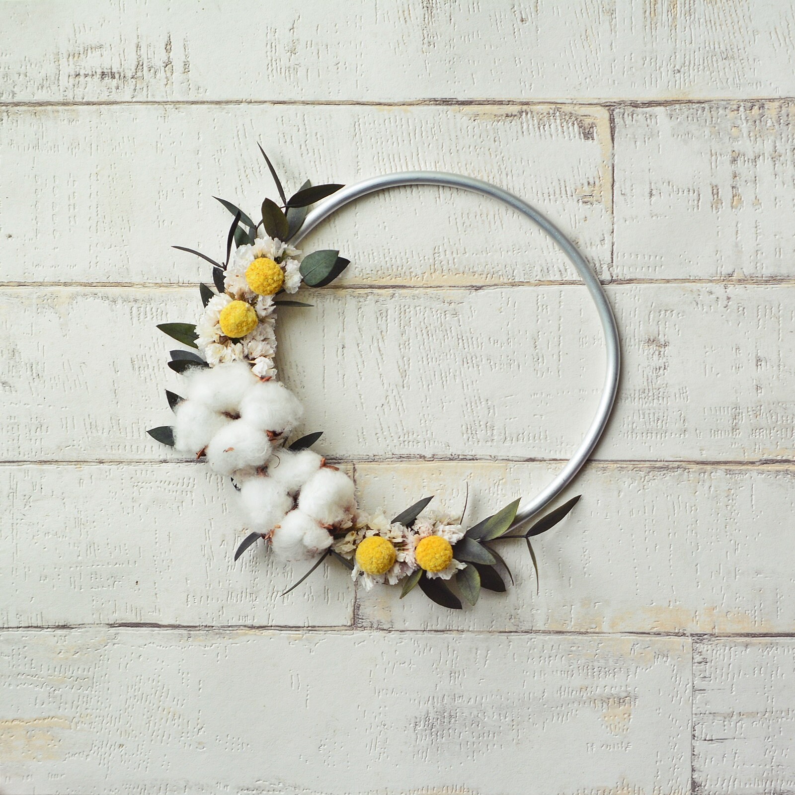 Couronne de Cerceau Moderne Scandi Couronne Florale avec Eucalyptus Préservé et Bolls Coton Mur Susp
