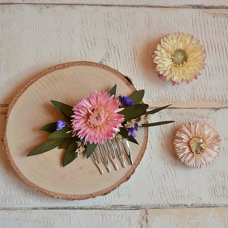 Natural hair comb blush dried flowers preserved eucalyptus rustic wedding headpiece bridal floral hair clip bridesmaid summer hairpiece