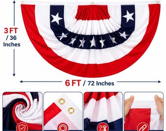 Patriotic Fan Banner Flag 3x6 ft | Pleated American Bunting Flag | Red White Blue Porch Decor | 4th of July, Memorial Day, Veterans Day