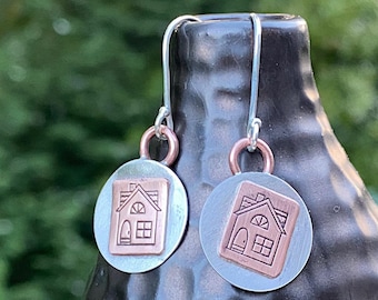 Artisan Sterling Silver and Copper House Earrings, Real Estate Agent Earrings, Home Earrings, Rustic and One of a Kind, New Home Gift