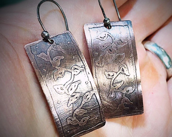 Artisan Sterling Silver and Copper Etched Vine Earrings Versatile Classy Statement One of a Kind Rectangle & Curved Shape Sterling Ear wires