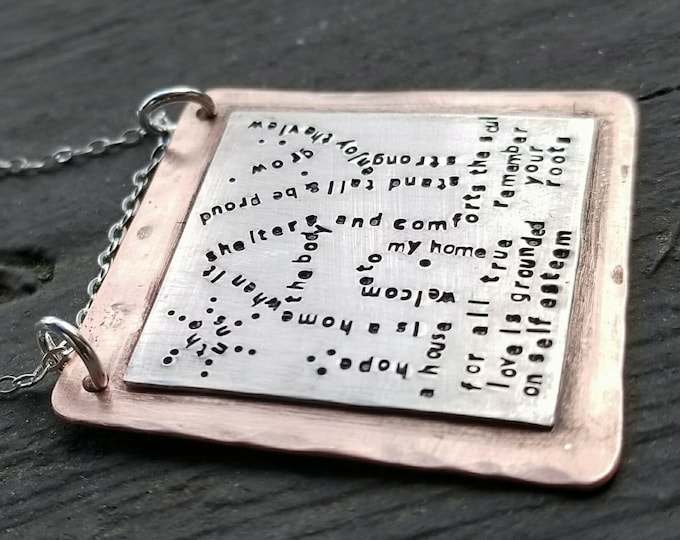 Artisan Stamped Home House Scene Pendant Necklace, Inspirational, Tiny Phrases Form a Picture, Sterling Silver & Copper, One of a Kind ooak