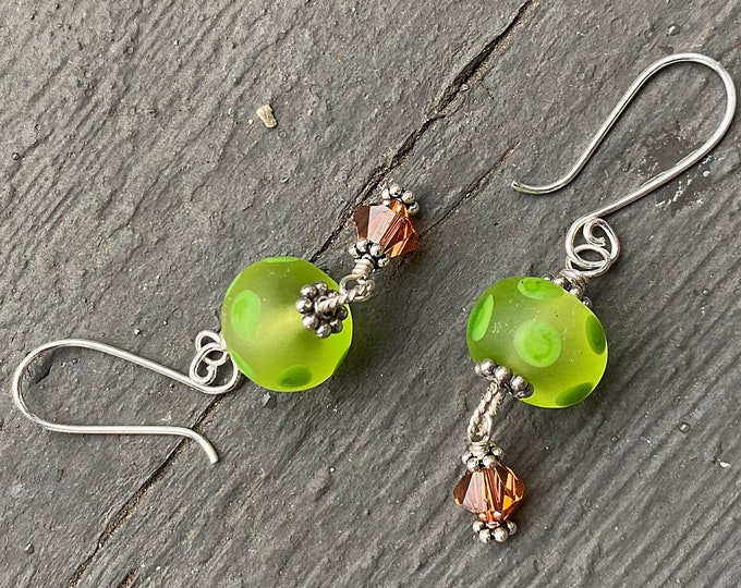 Stunning Artisan Sterling Silver and Dotted Lampwork Glass Green and Burnt Orange Contrast Earrings