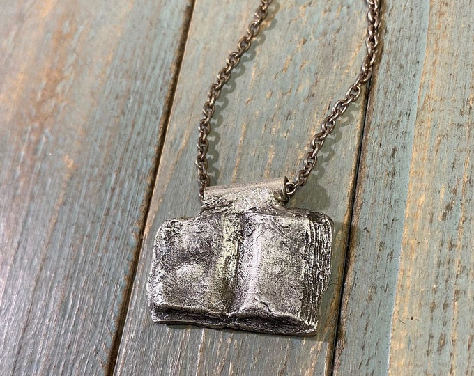 Solid Fine Silver Open Book Pendant, Reader Gift, hand carved, Metal Clay, PMC, Unique OOAK, Customizable Necklace, Recycled Silver