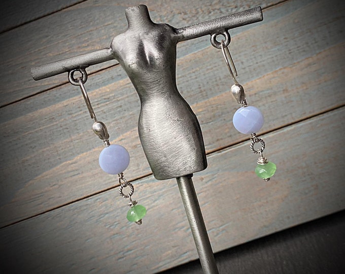 Stunning Artisan Sterling Silver and Blue Lace Agate and Green Quartz Earrings, Bright Sterling Silver Earwires, Stunning Drop Earrings