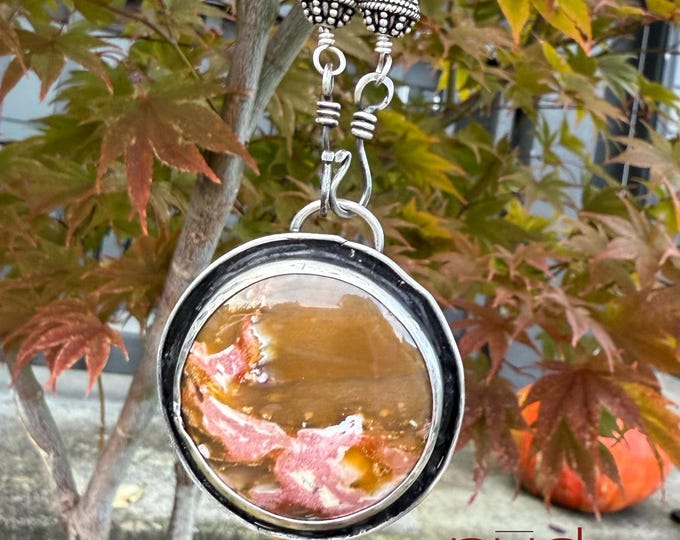 Equinox Bloom - Stunning Opalized Petrified Wood pendant, translucent pinks and brown amber color set in Sterling Silver - Front Hook Chain