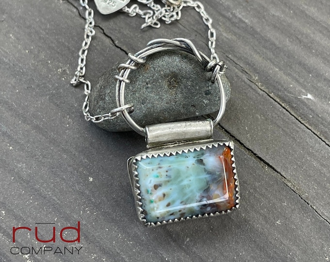 Icy with a Side of Fire - Agatized Multi-color Petrified Wood Beveled Rectangular Cabochon set in Sterling Silver Necklace, Handmade Artisan