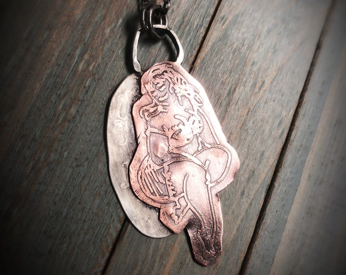 Artisan Sterling Silver & Etched Copper Woman Girl Lady Sitting Pendant, Pinup, Curvy, Thick, Girl, Naked, Posed, Laughing Mixed Metal