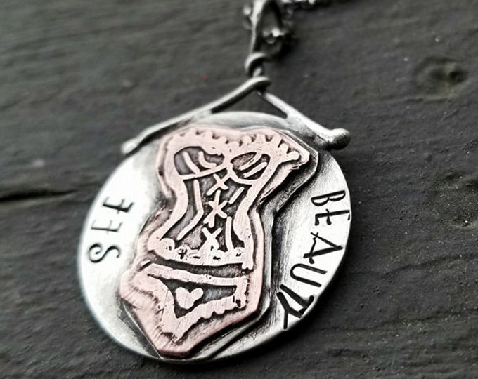 Artisan Corset Pendant, Hand Drawn, Etched and Stamped, See Beauty Necklace in Sterling Silver and Copper, Unique and One of a Kind OOAK