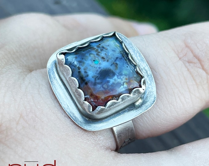 Hidden Wisdom - Multicolor Petrified Wood, Freeform Beveled Square Cabochon Ring set in Sterling Silver, Cocktail Ring, Mt. Rainier Band