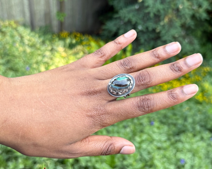 Silvan Relic - Domed Cabochon Ring of Opalized, Petrified Wood set in Sterling Silver Unisex Size 9 shades of turquoise, cream and brown