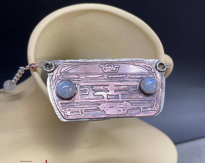Rūd Rides - Original Etched Copper Mounted on Sterling Silver '66 Ford Truck Grille, Hotrod Necklace, Moonstone Headlights, handmade silver